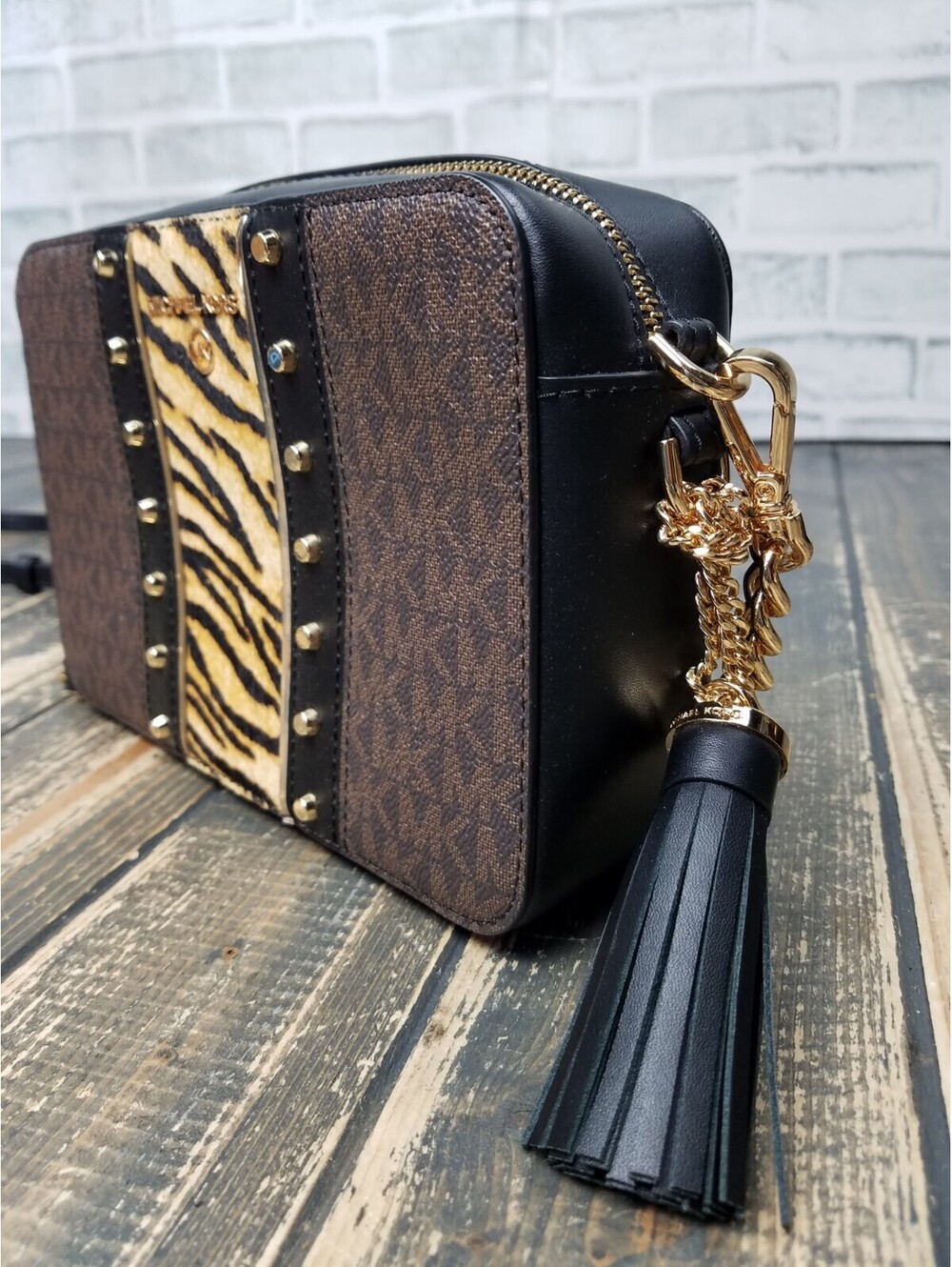 Michael Kors Jet Set Medium Camera Calf Hair Black Brown Multi Crossbody Bag + - Picture 7 of 14